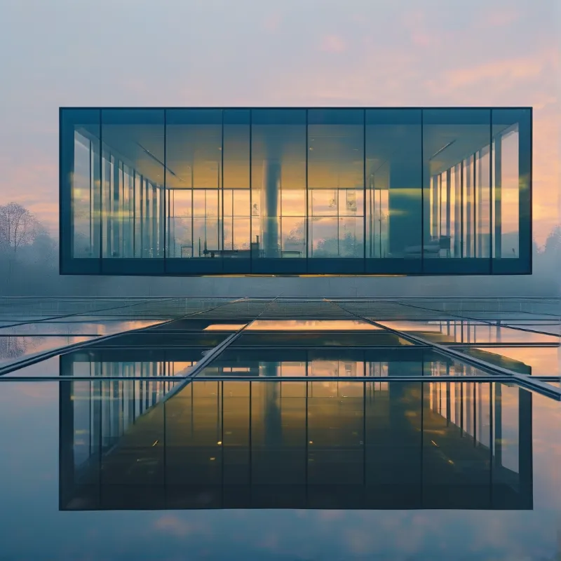 A modern glass pavilion stands mirrored in still water under a pastel sunset sky with soft mist surrounding the structure.