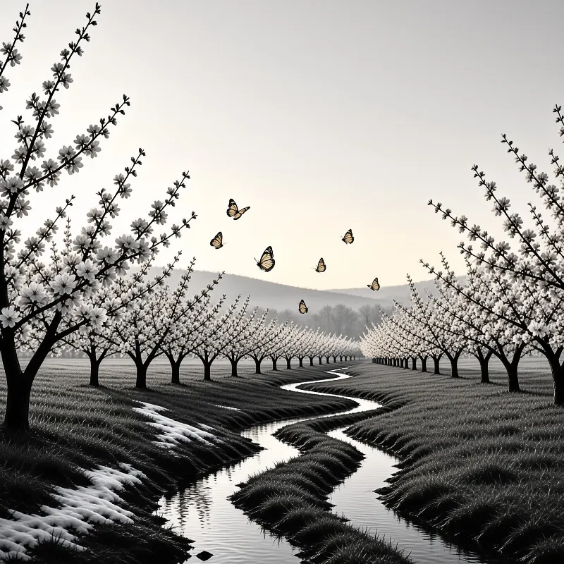 Monochrome orchard rows flank a winding stream as butterflies fly above the field towards distant mountains.