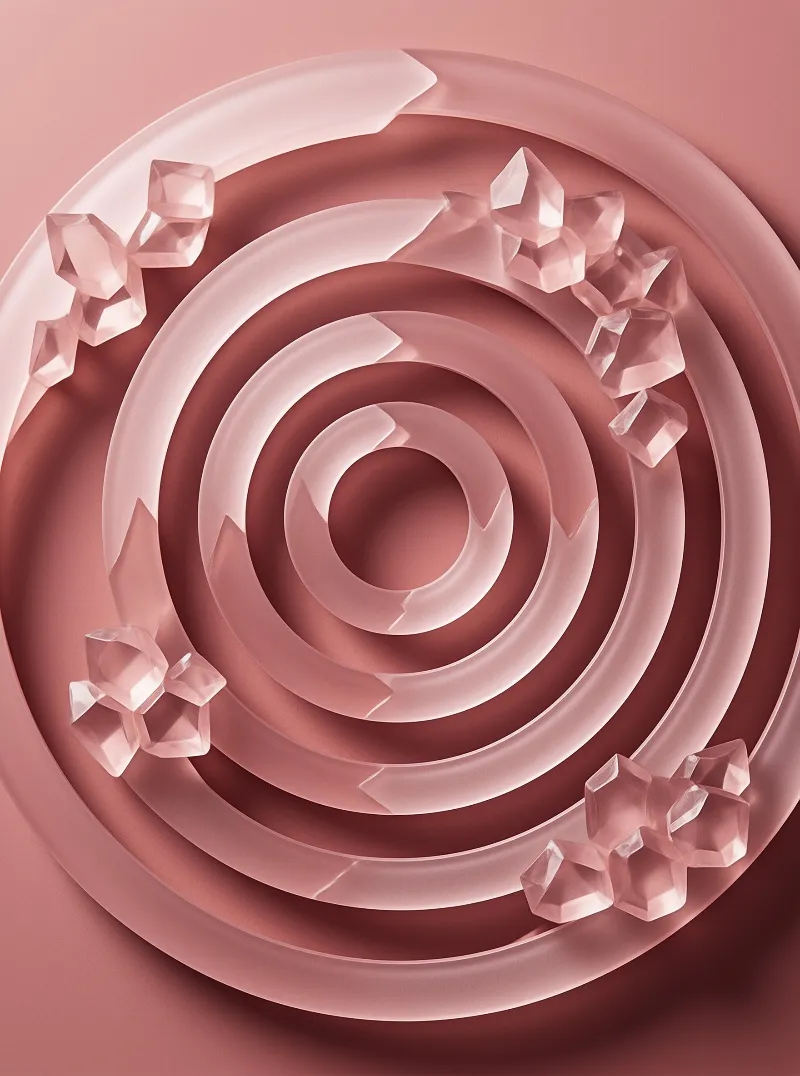 Concentric pink rings form a spiral shape punctuated by jagged crystal formations casting soft shadows across the surface.