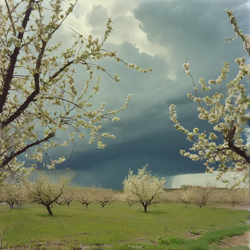 White flowering fruit trees stand in a green field while dark heavy clouds gather on the horizon under a bright sky.