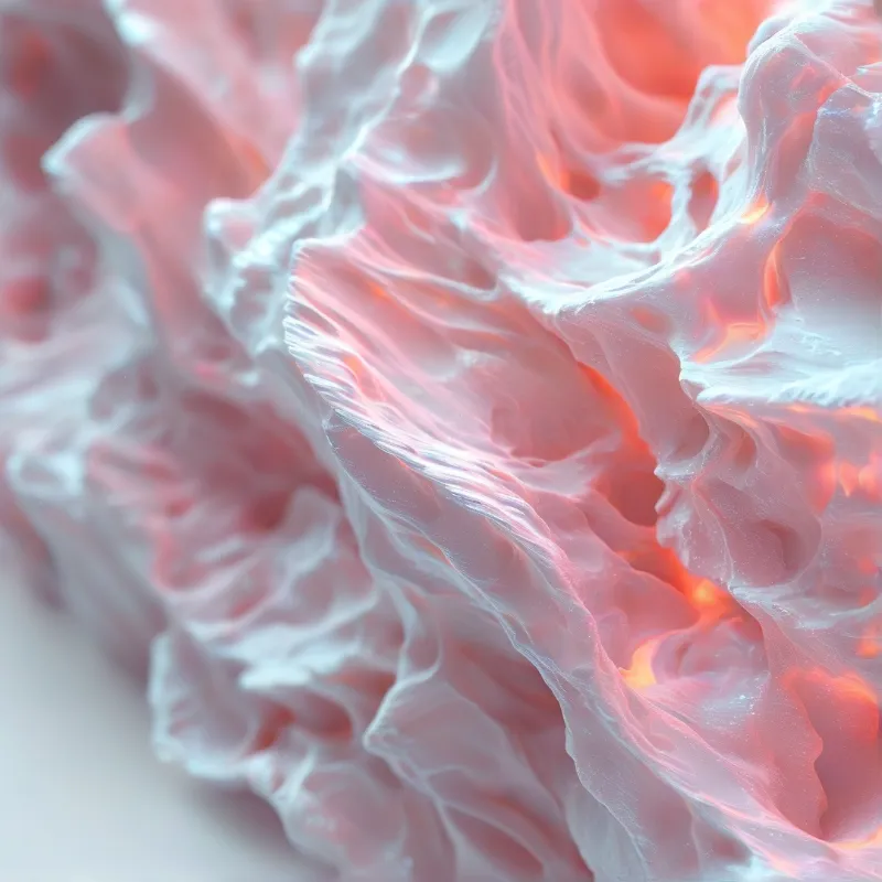 Delicate translucent ridges fold like sea foam, lit from within by warm pink and orange light on a pale neutral ground.