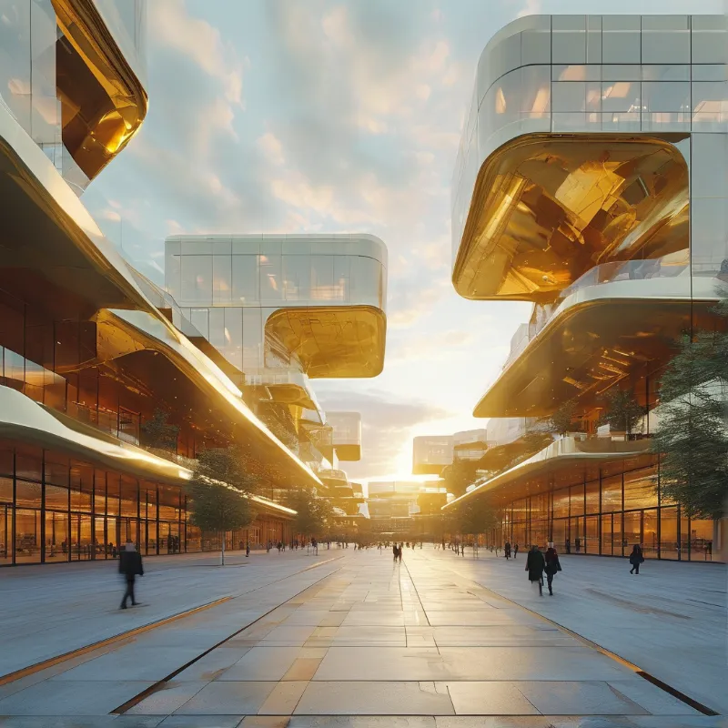 Curvilinear glass office buildings frame a broad open plaza bathed in golden sunset light, pedestrians walk along the paved central path