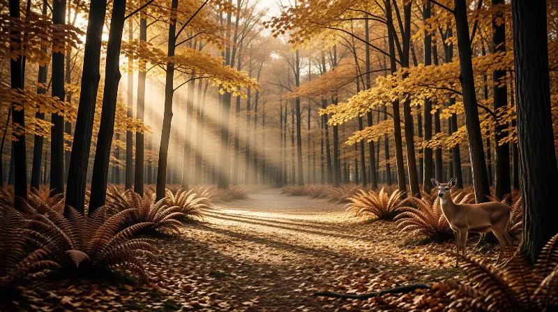 A young deer pauses on a leaf strewn woodland trail while golden sunbeams slant through tall autumn trees