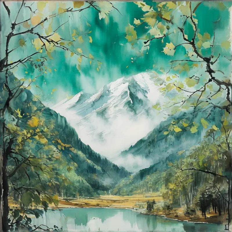 Snow capped peaks rise above forested valleys while yellow leaves frame a calm blue lake reflecting the sky.