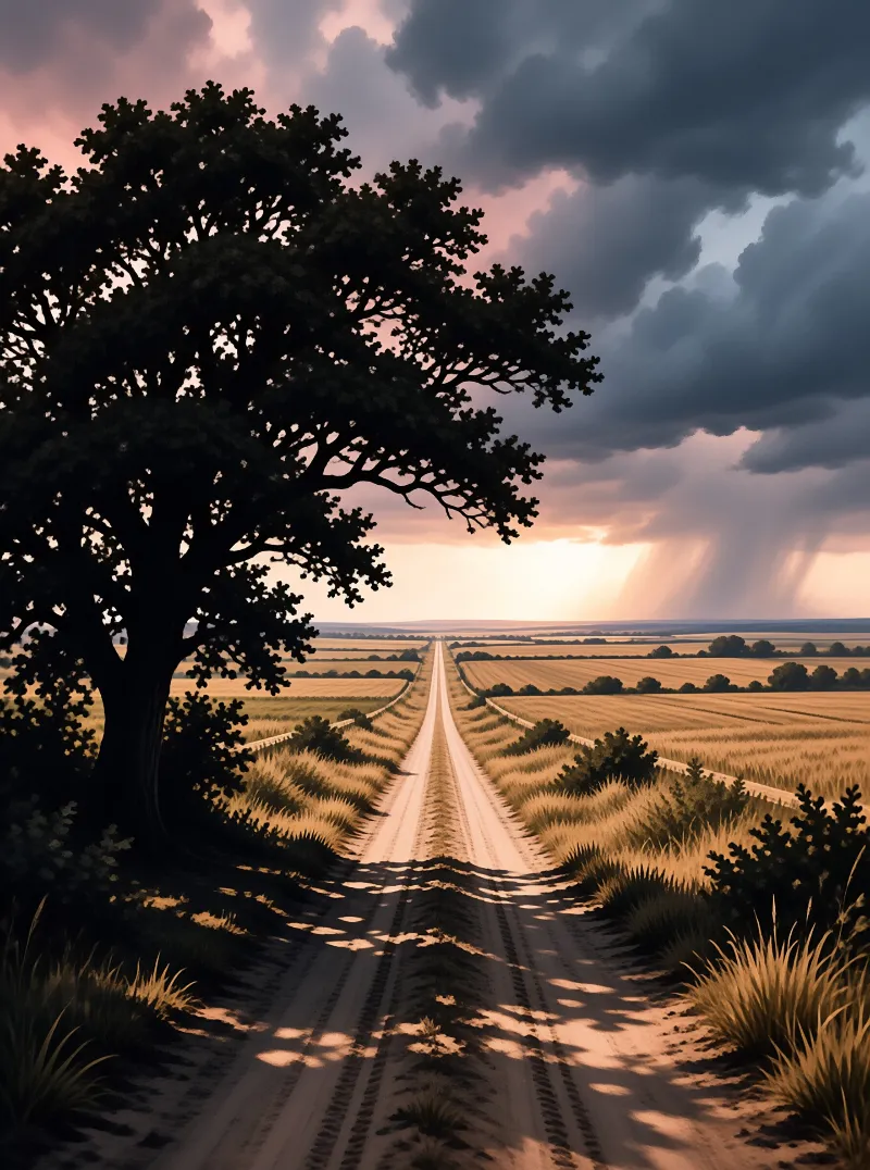 A straight dirt road cuts through open fields under a heavy stormy sky as golden sunset rays illuminate the landscape from the left.