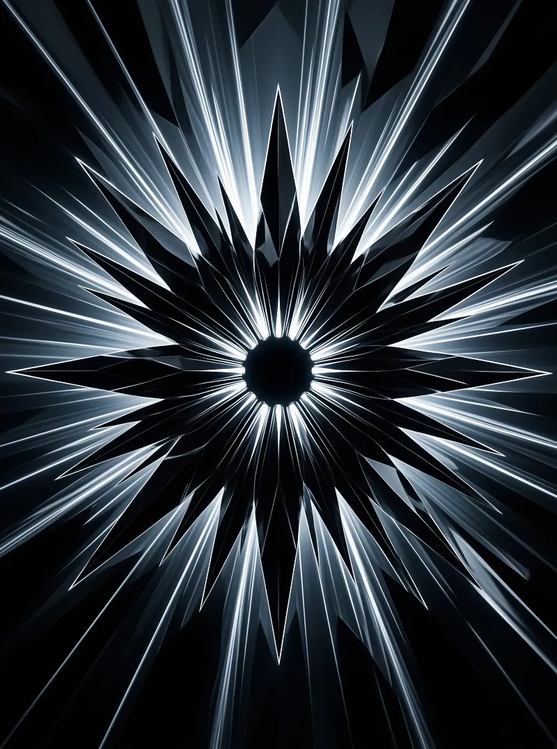 Sharp metallic shards explode outward from a black hub, streaked with cold white light in a starburst pattern.