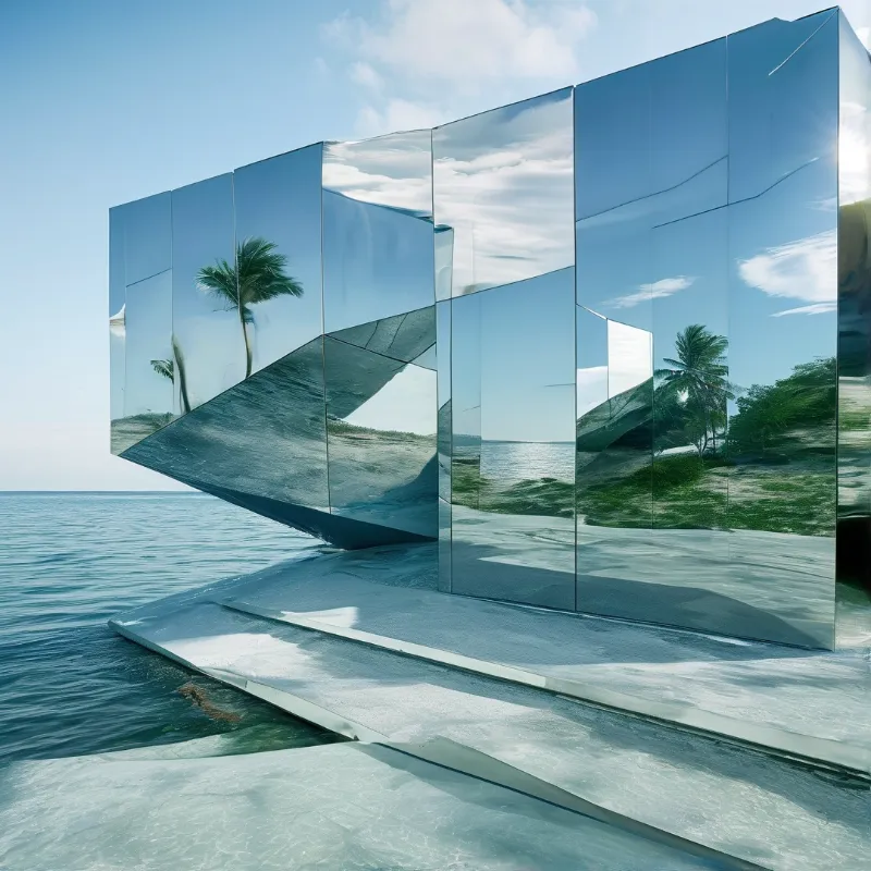 Angular reflective surfaces capture tropical scenery while hovering above the water.