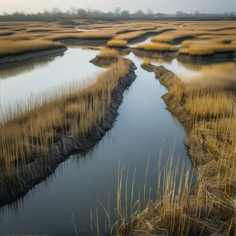 Water channels wind through islands of dry golden grass under a soft pale sky reflecting on the surface.