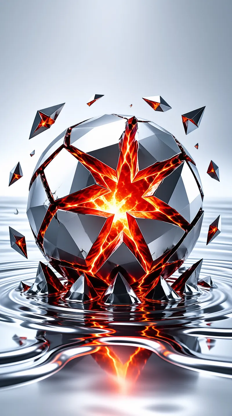 A cracked sphere rests on rippling silver liquid with orange light glowing through fractures and shards floating nearby.