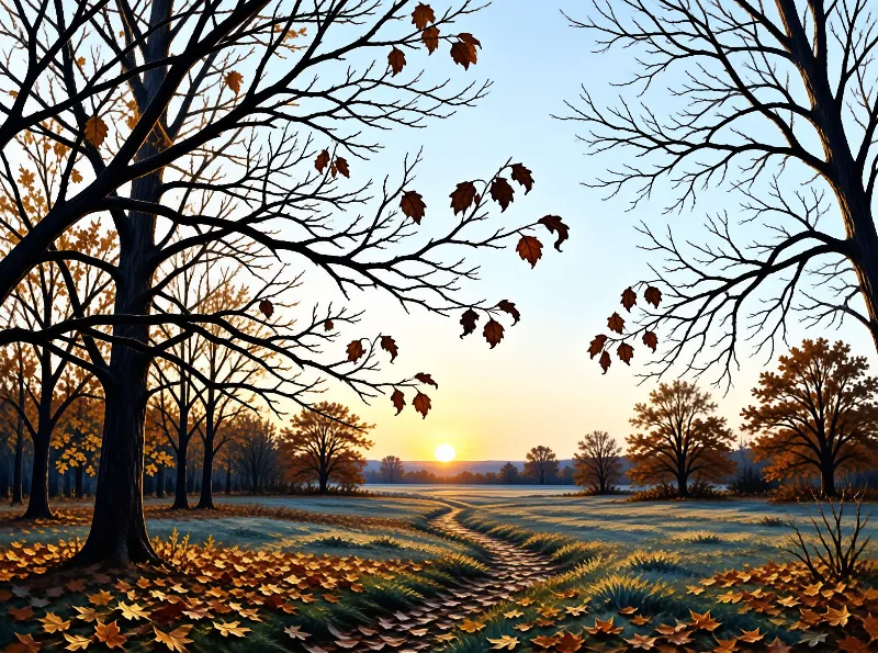 A frosty grassy path winds between autumn trees to a low setting sun, with fallen leaves covering the field.