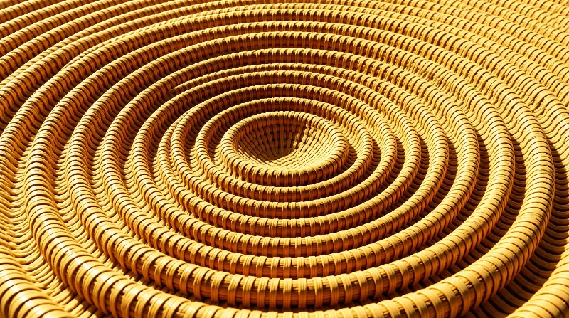 A close view of tightly coiled natural rattan forming concentric rings, glowing warm amber under soft directional light.