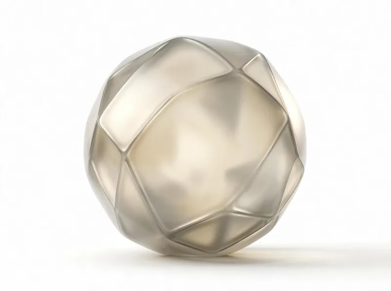 A metallic sphere with faceted surfaces rests on a white background, lit by soft light that emphasizes its reflective properties.