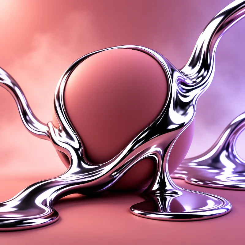 A glossy chrome sphere is surrounded by flowing metallic tendrils against a background that fades from peach to purple.
