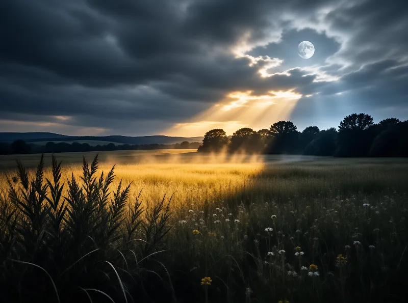 Moon hangs over misty wheat field as warm rays pierce dark storm clouds at dusk, lighting foreground grass and wildflowers.