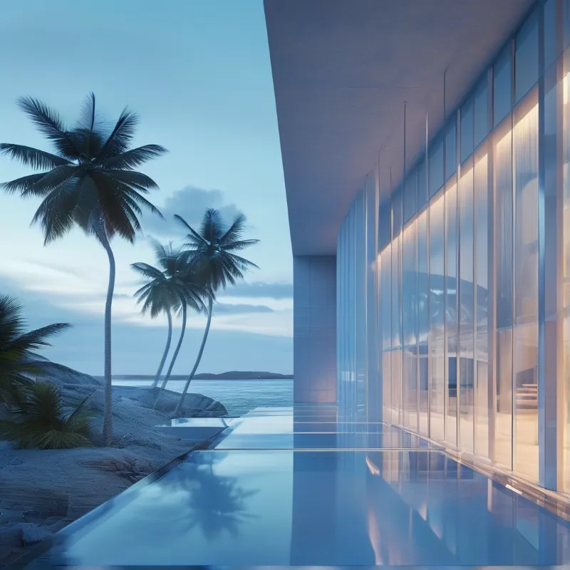 Full height glazing and a deep roof plane border a mirror calm pool, with leaning palms silhouetted against a dusk sea sky