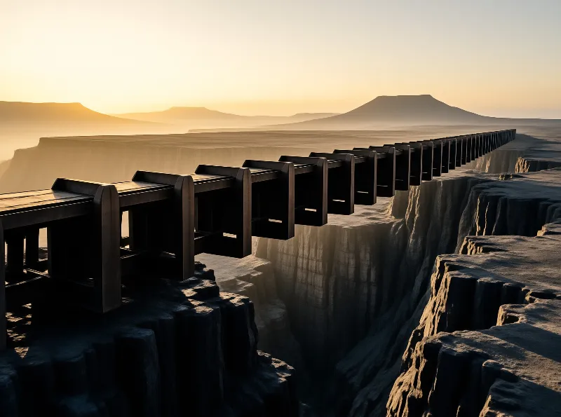 A row of dark wooden frames lines a cliff edge overlooking a vast misty valley with distant mountains.