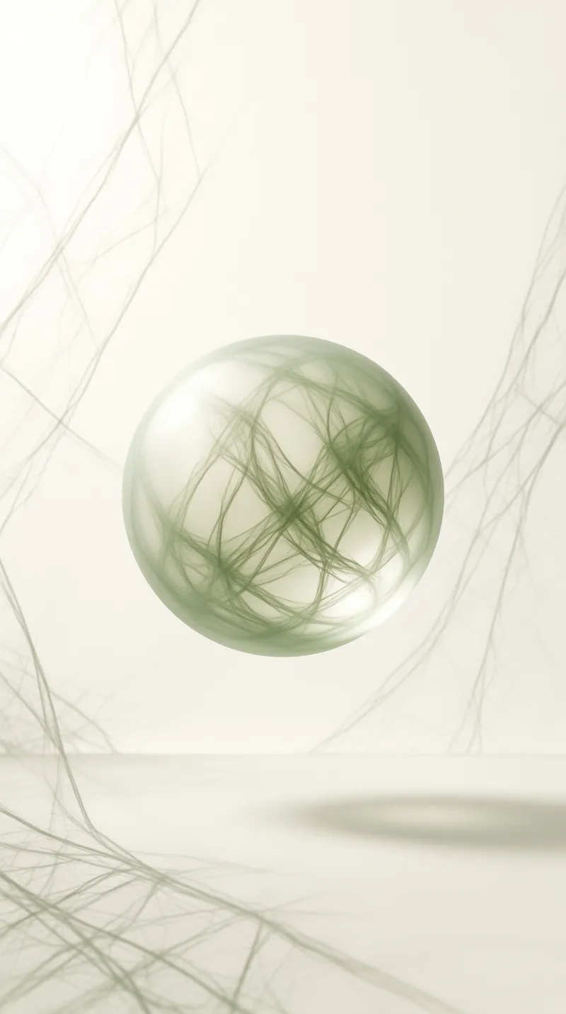 A translucent green sphere filled with swirling fibers floats centrally against a minimalist pale background.
