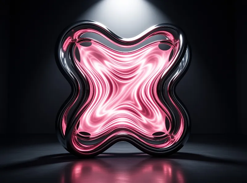 A twisted metallic object emits a bright pink light from its center while standing on a reflective floor under a spotlight.