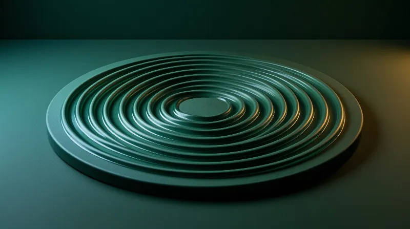 Concentric rings of deep green material spread outward from a raised center, edged with amber highlights on a dark stage.