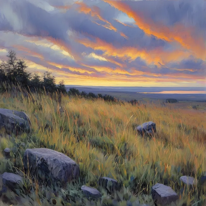 An impressionist oil painting of windswept grass and grey boulders glowing beneath a violet and amber sunset sky.