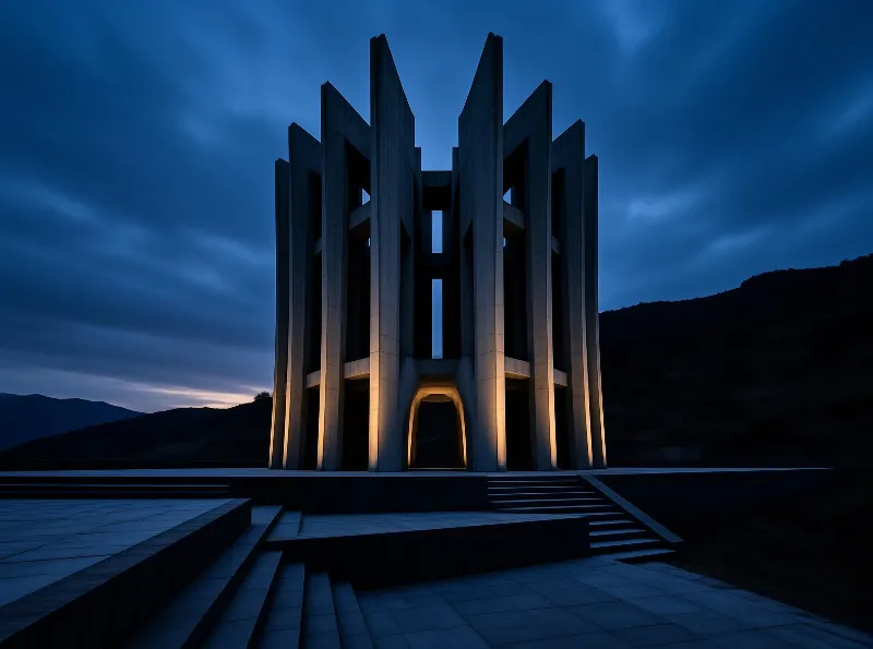 Vertical concrete fins rise around a glowing archway as dusk settles over dark surrounding hills.