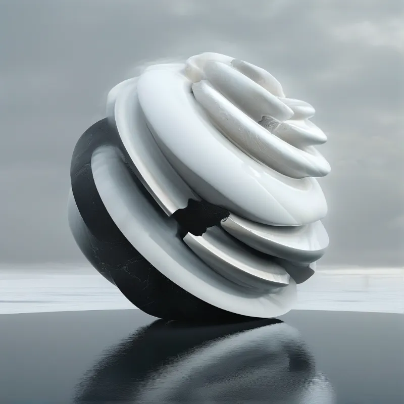 A sculpted dual-toned spiral object rests on a smooth still water surface under pale cloudy grey skies with clear dark reflections.
