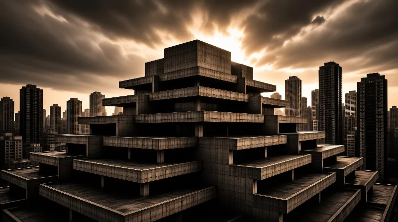A massive stacked concrete structure rises above a dense urban skyline under a dramatic golden sky with breaking clouds.