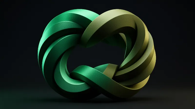 A smooth emerald green three dimensional ribbon curves around itself forming an open knot against a black backdrop