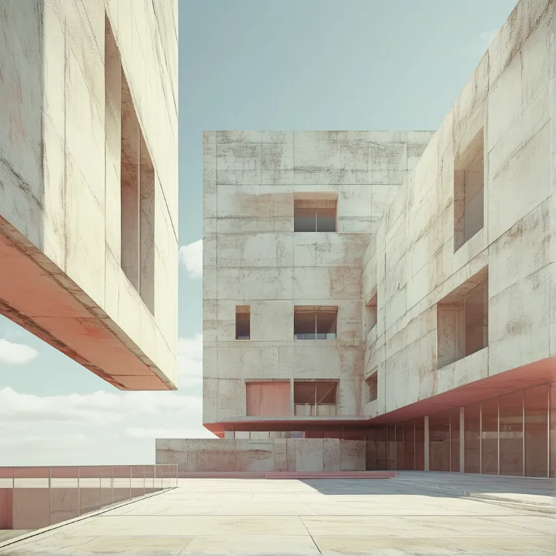 Concrete building blocks feature recessed windows and glass panels under a bright sky with shadows on the ground.