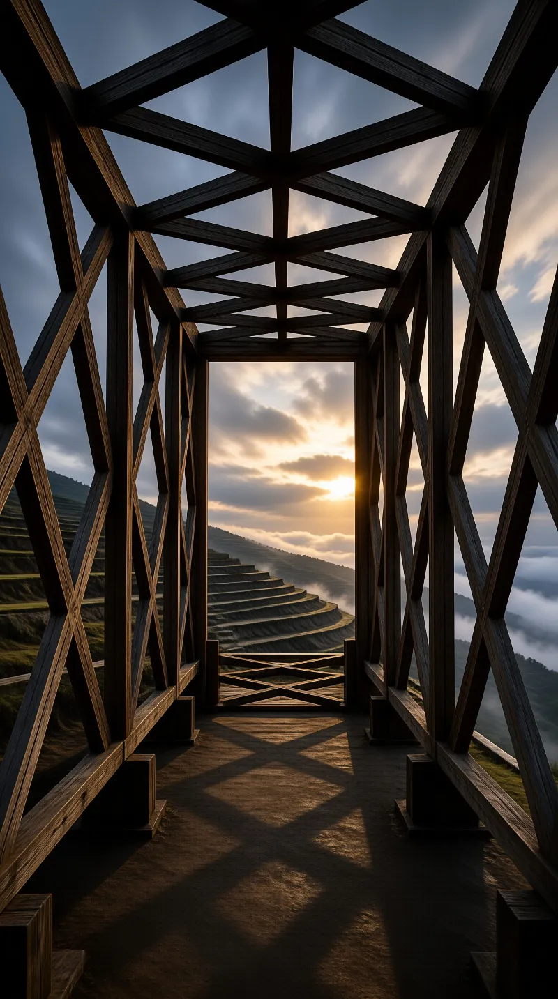 Dark timber trusses form a narrow chamber whose opening frames green terraced slopes and a low sun above the clouds.