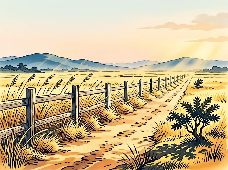 A weathered wooden fence lines a sunlit dirt track through golden dry grasslands, with hazy blue mountains on the horizon at sunset.