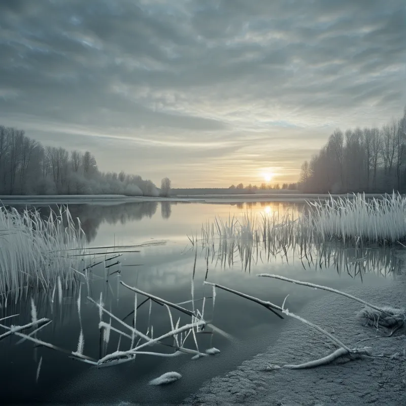 Frosted grasses and branches are half buried in a calm partially frozen lake during sunrise.