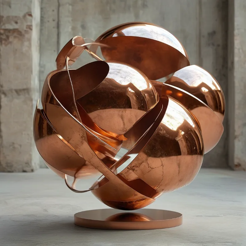 A reflective bronze metallic art piece sits atop a round pedestal against a rough gray wall.