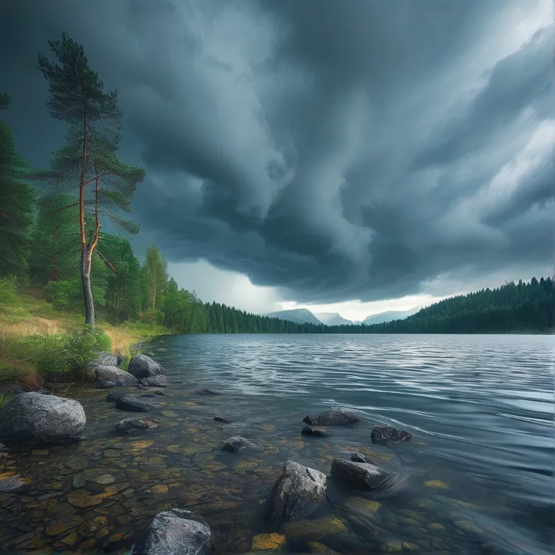 Tall pine trees stand beside a rocky lake shore while dark storm clouds loom over distant mountains under a grey sky.
