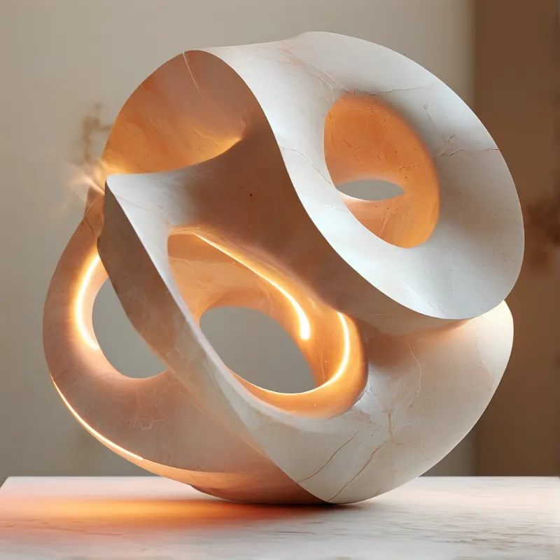 Curved white sculpture with openings on a light shelf, featuring warm internal illumination.