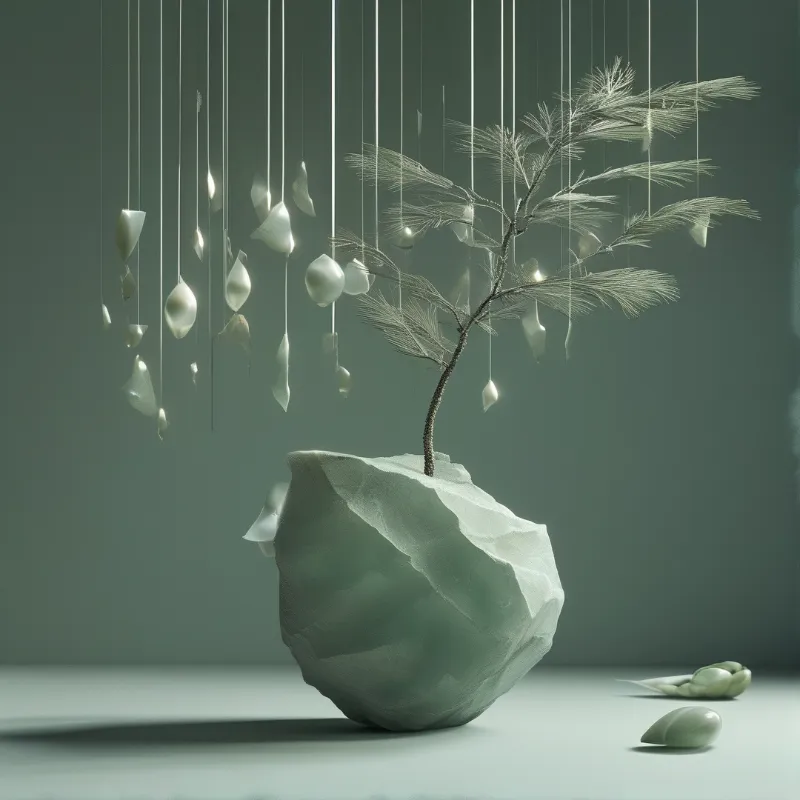 A slender sapling emerges from a smooth rock while suspended white teardrop forms float against a muted green wall.