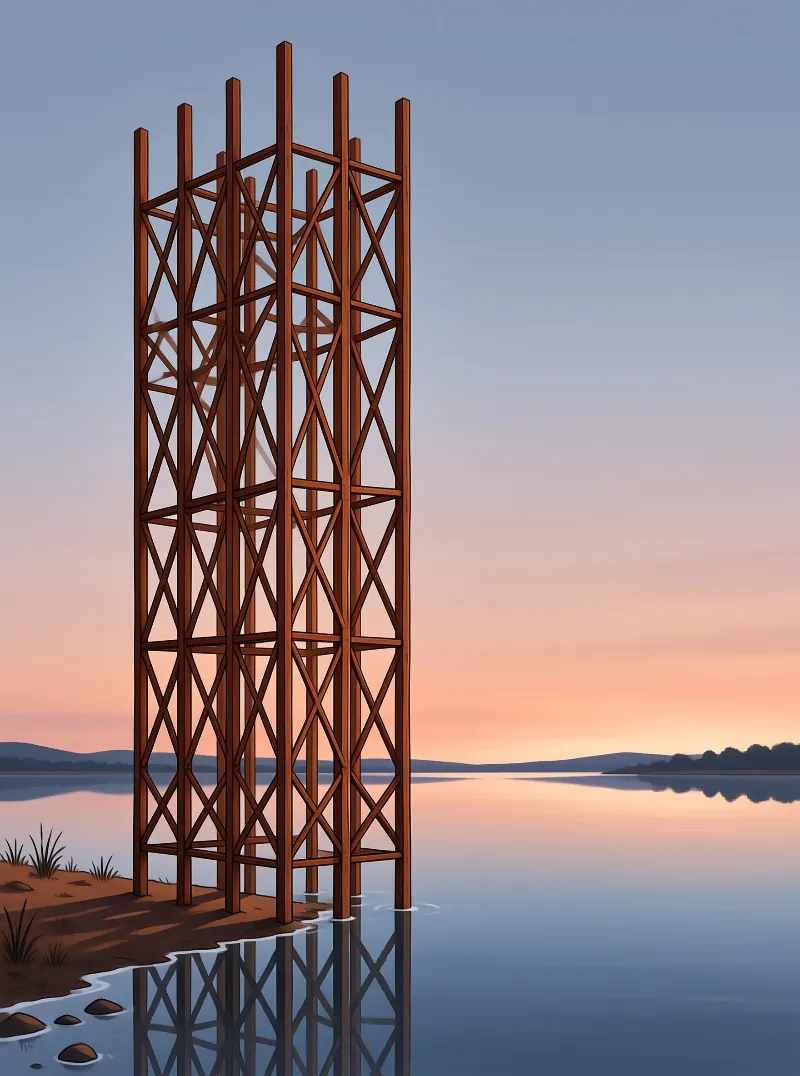 A tall brown wooden lattice structure stands partially submerged in a quiet lake during a colorful evening sky.