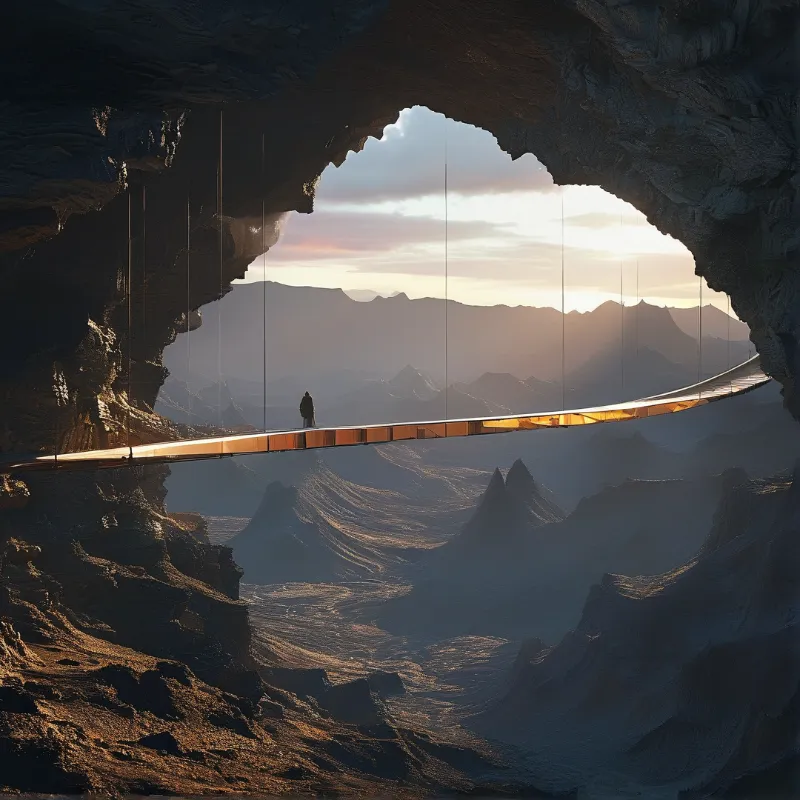 A solitary person stands on a glass suspension bridge spanning a deep rocky valley, framed by a rocky cavern mouth glowing with low sunset light.