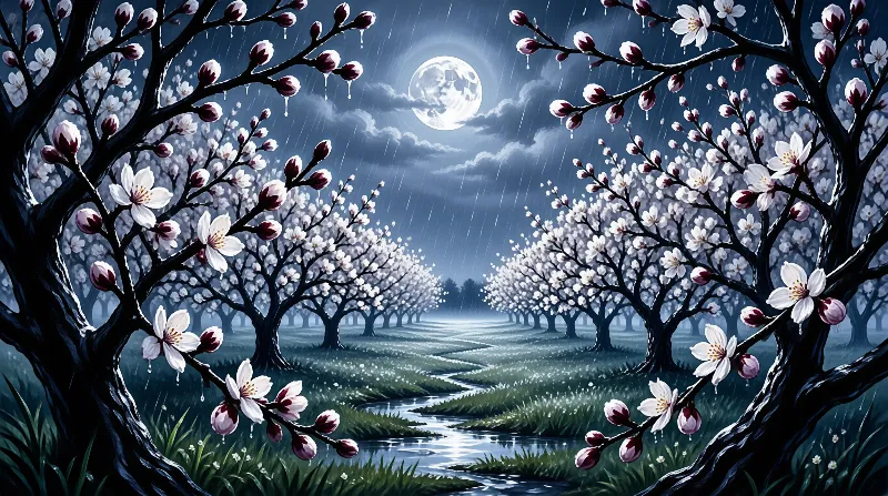 Rows of white blossoming trees line a dark path under a full moon with rain falling through the night sky.