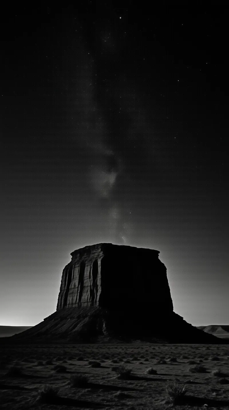 A dark rock formation stands tall in a desert landscape while the Milky Way galaxy stretches across the starry night sky.