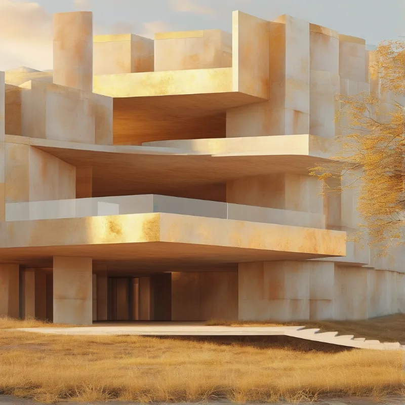 Stacked curved slabs of pale masonry catch amber late-day light beside dry grass and a sparse golden tree.