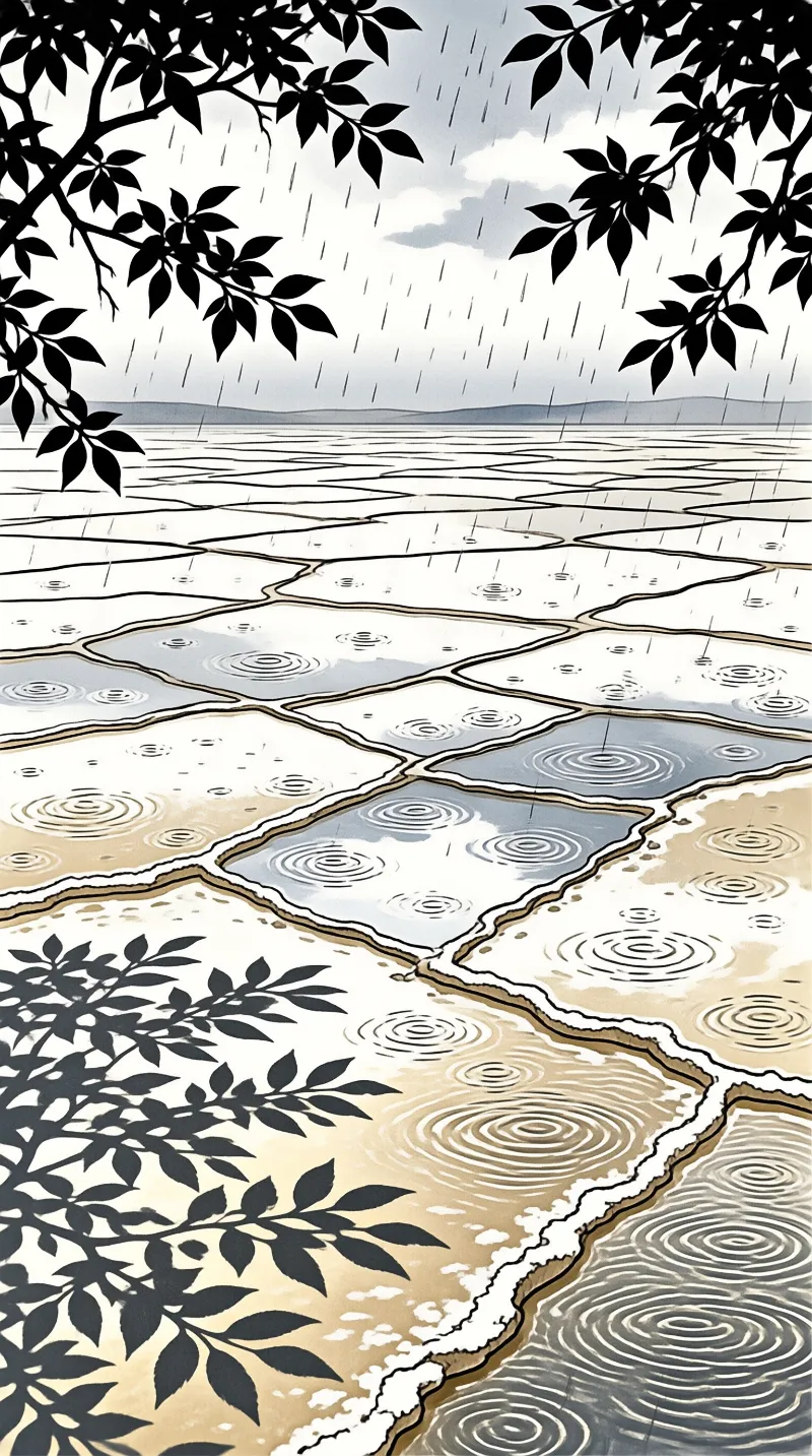 Heavy rain creates concentric ripples in puddles across the desiccated cracked earth framed by leaves.