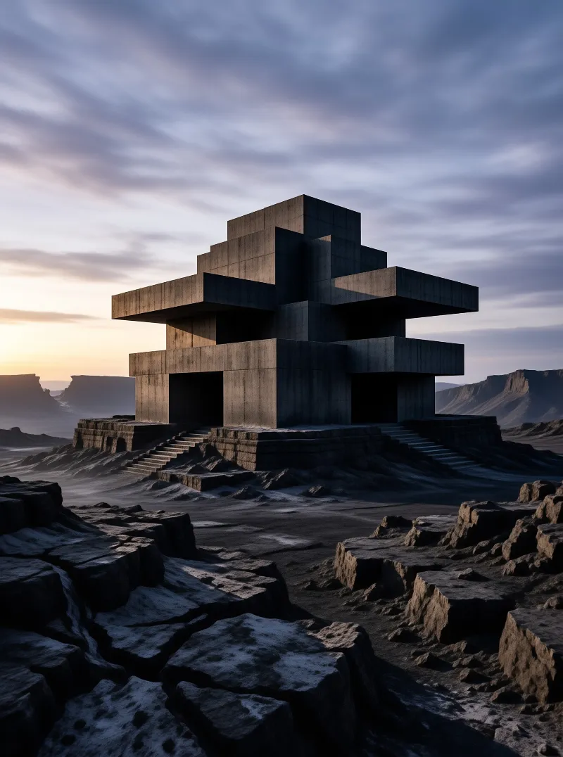 Massive concrete architecture rises from a rugged desert plateau with staircases leading to its entrance.