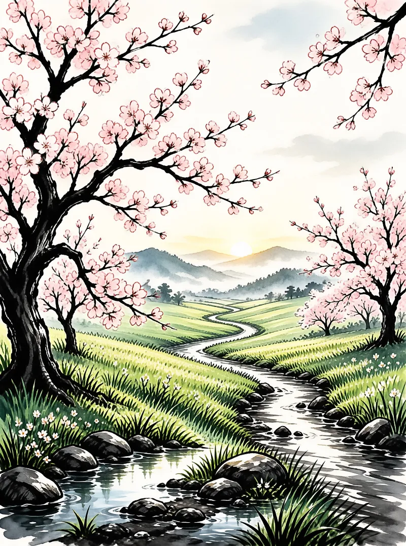 A blooming tree frames a winding waterway that flows through green fields toward distant hills under a soft horizon.