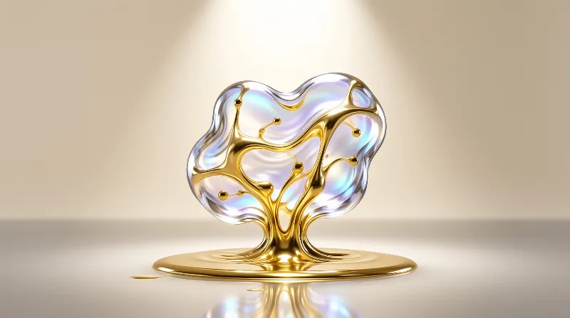 A three dimensional artwork featuring gold liquid and iridescent glass standing on a reflective floor.