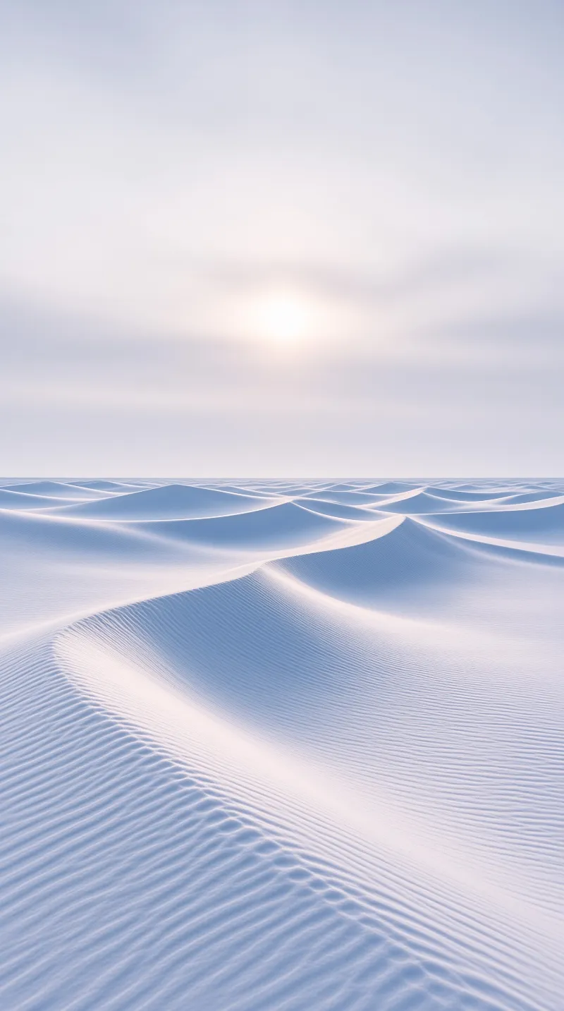 Gentle wind-carved dunes of pale sand roll toward a flat horizon under a hazy white sky with a soft glowing sun.