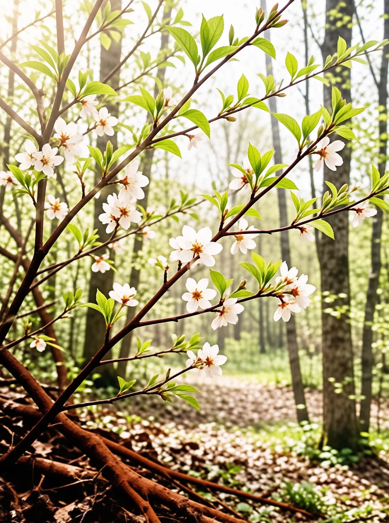 A tree branch with white blossoms and new green leaves stands out against a blurred forest background in soft daylight.