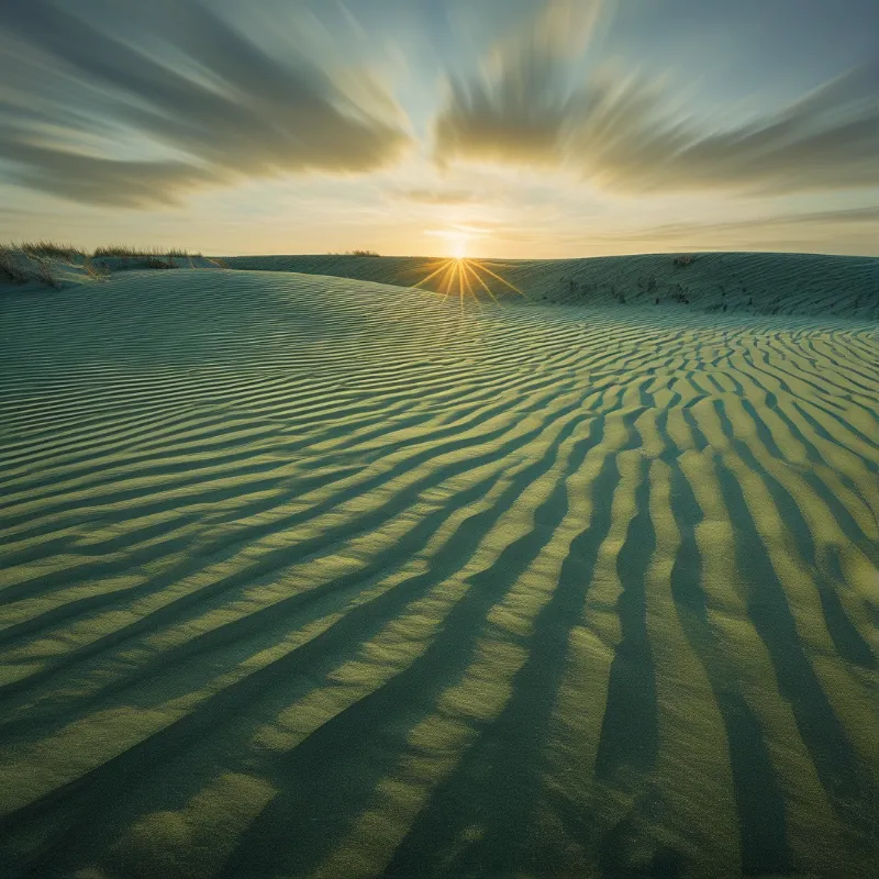 Rolling sand dunes show wave patterns as a bright sun shines through streaky clouds casting shadows across desert floor.