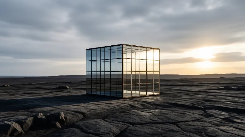 A transparent cubic structure with a dark grid frame stands on a dark rocky plain, backlit by a low sun.