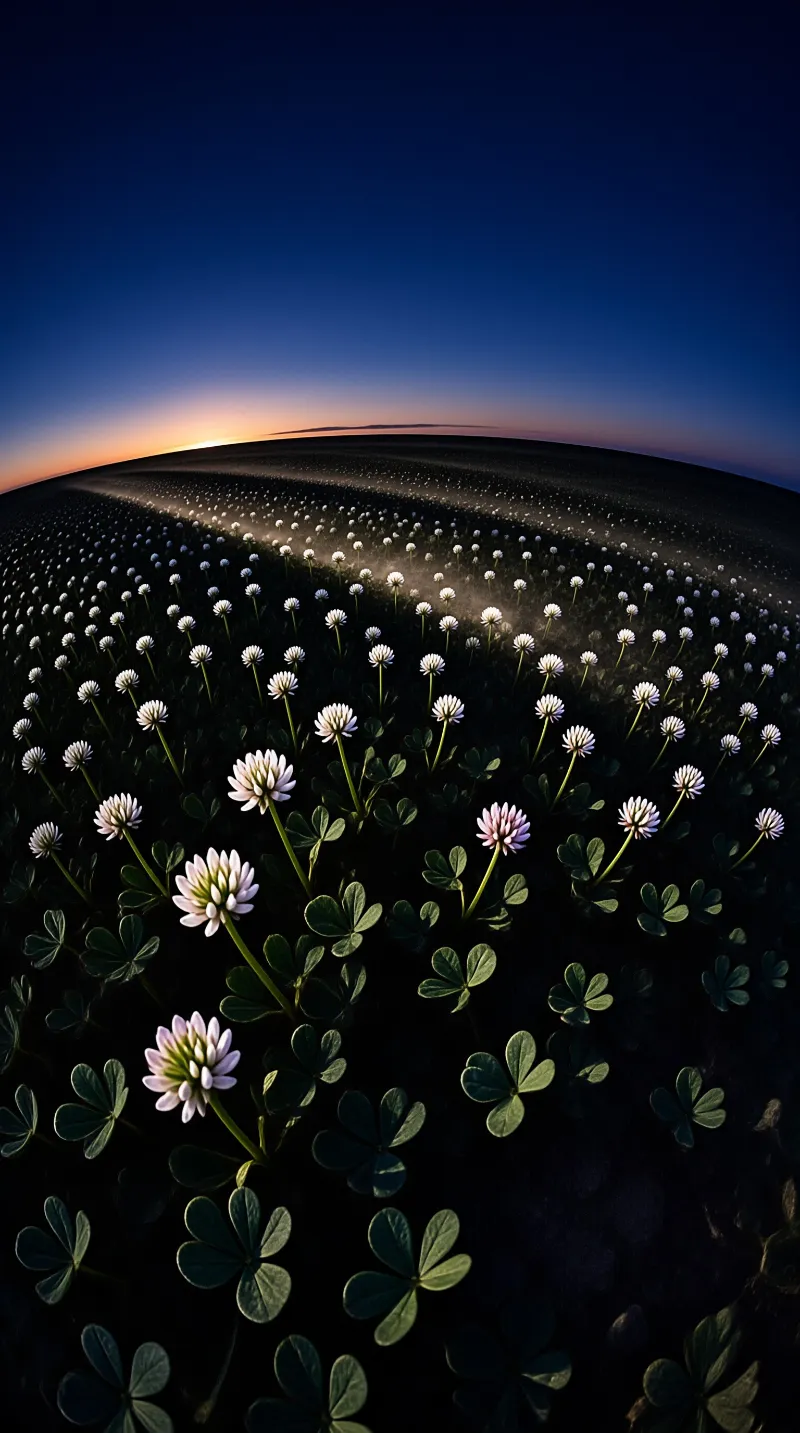 White clover flowers fill a curved field beneath a deep blue twilight sky with an orange horizon line.